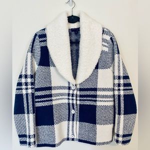 BareFoot Dreams CozyChic Faux Shearling Cardi Jacket Royal Blue Plaid